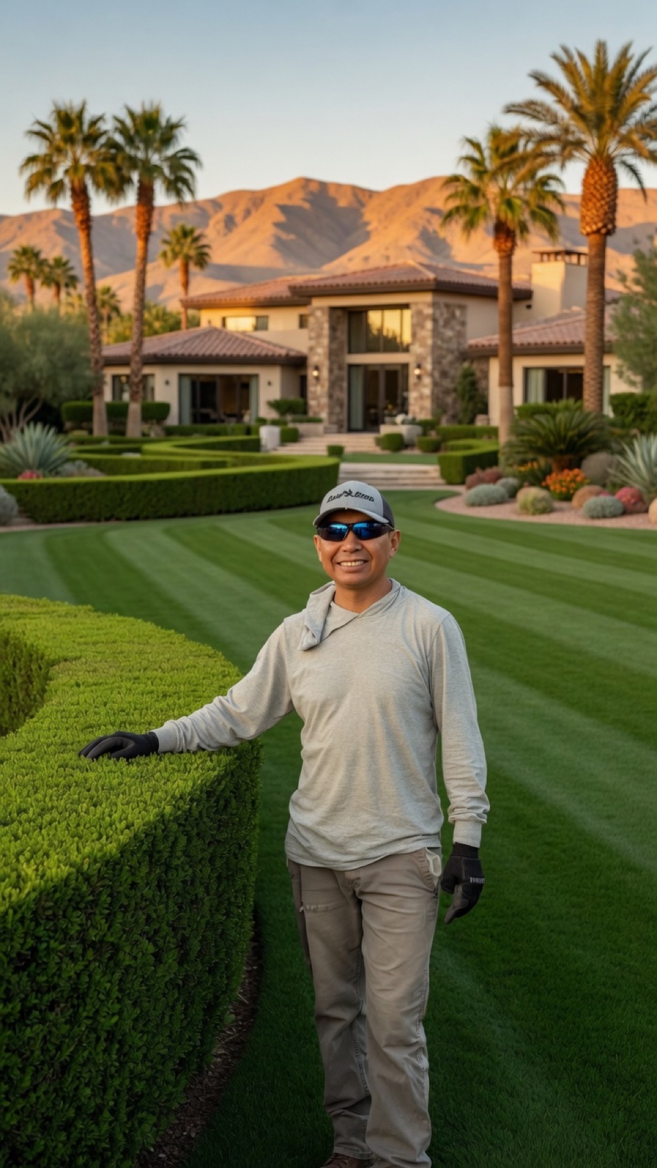 Martin Garcia standing on a freshly striped green lawn in front of a Las Vegas home at golden hour